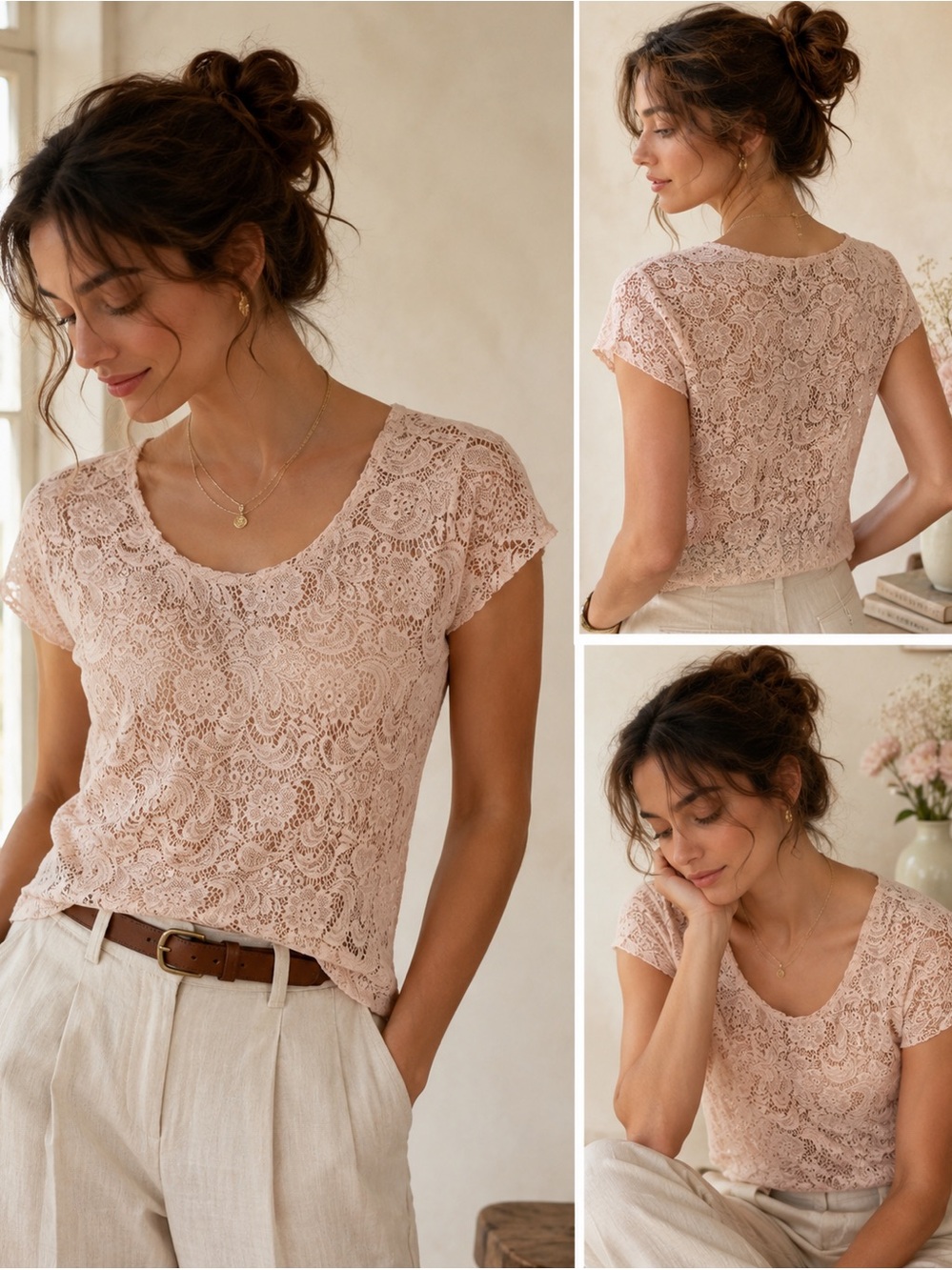 Blush Pink Lace Top Sheer Floral Crochet Blouse Coquette